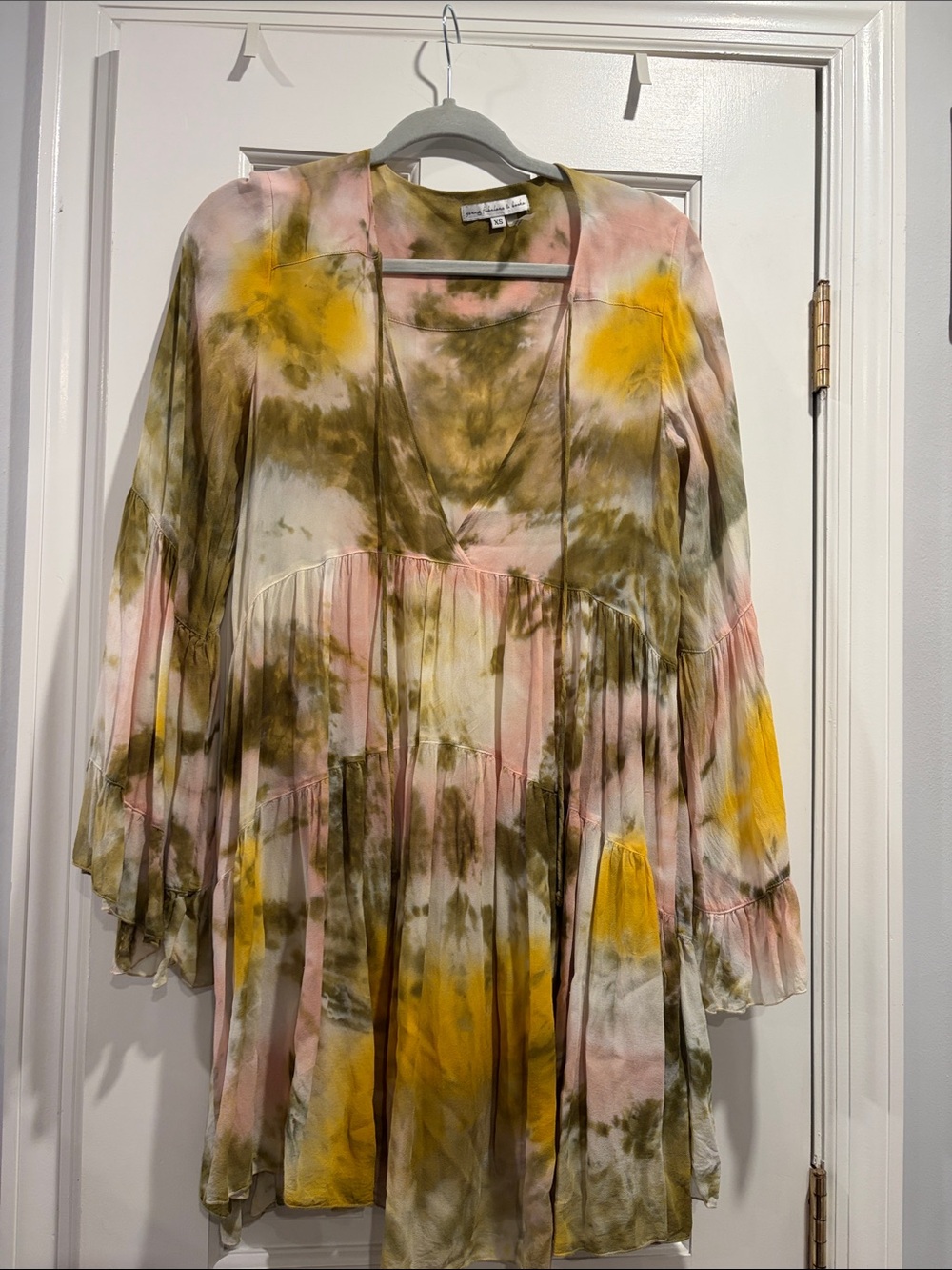 Women’s Tie-Dye V-Neck Dress - Pink, Olive & Yellow